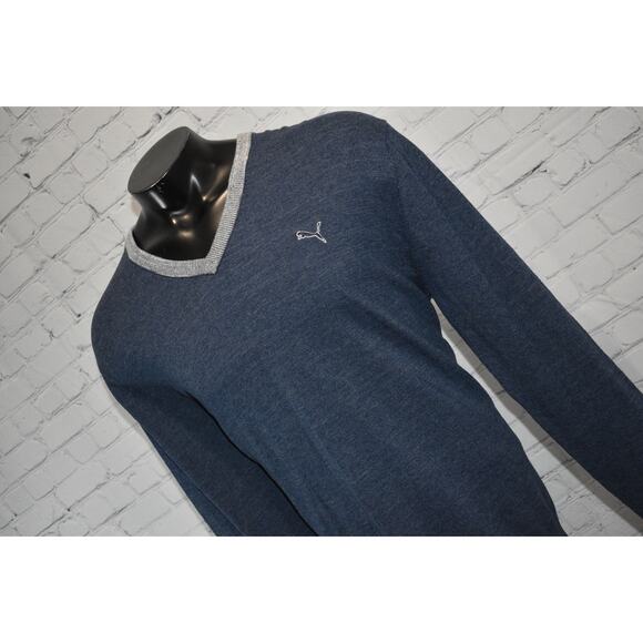 PUMA Golf Sweater Pullover Mens Size XL Blue Cotton Wool Blend Blue V-Neck - Picture 1 of 8